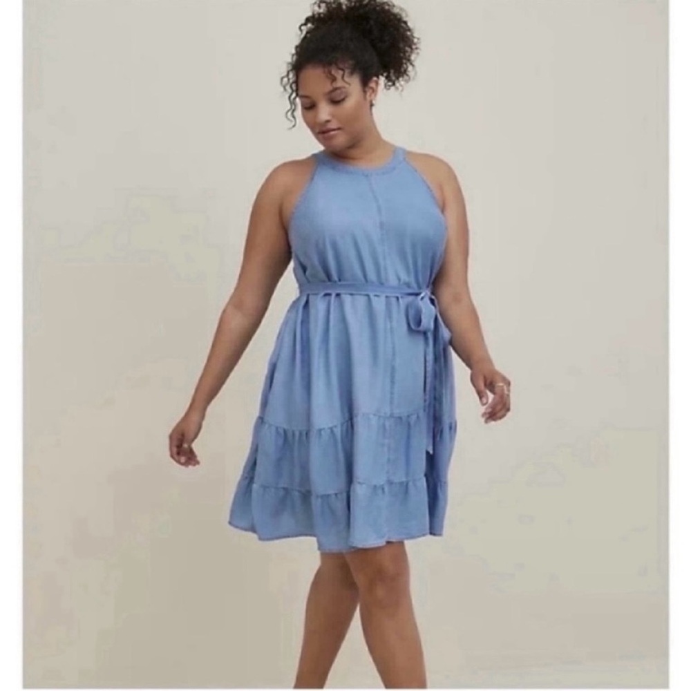 💙 NWT! TORRID High Neck Tiered Mini Dress - Chambray Blue - Size 3X
